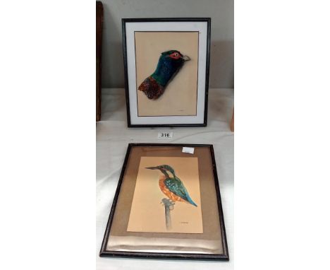2 Vintage watercolours of kingfisher &amp; pheasant head signed by I G Kirkby