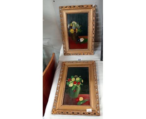 2 Vintage gilt frame oil on board of flowers