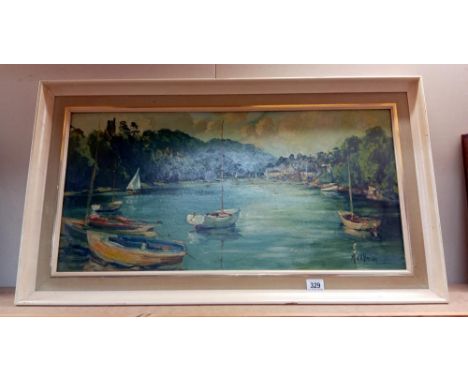 A large vintage oil on board of a fishing creek 95 x 54cm