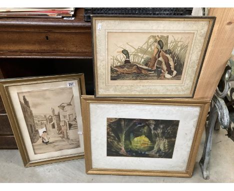 2 vintage prints and a mixed media watercolour/pastels picture COLLECT ONLY