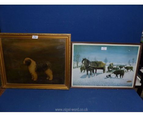 A framed oil on canvas depicting an Old English sheep dog, Derford lady and a John Brian Evanson print 'Winter feeding'.