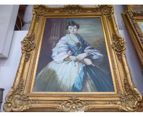 A large contemporary Oil on canvas depicting a three quarter length Portrait of a young lady in a classical pose, no visible 