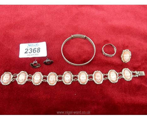 A Cameo bracelet set in 800 silver mounts and one matching clip on earring, 925 stud-earrings (no backs), Celtic knot ring an