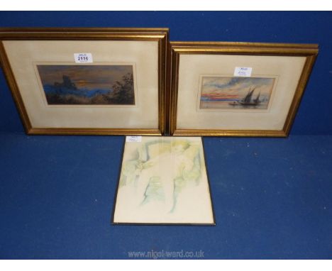Two framed and mounted Watercolours depicting 'Castle ruins at sunset' and 'Sailing boats at sunrise', no visible signature o