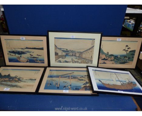 Six framed and mounted Woodblock prints by Japanese artist Katsushika Hokusai, painter and print maker of the Edo period. Fro