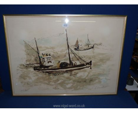 A framed limited Edition Print no. 189/200 of fishing boats out at sea, indistinctly signed lower right, 31'' x 22 3/4''.
