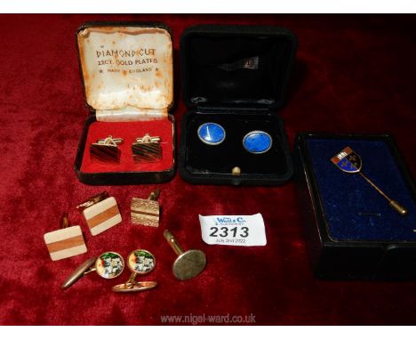 Miscellaneous cufflinks including silver and Lapis Lazuli and an enamelled tie pin.