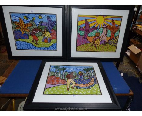 Three black framed Caribbean Watercolours of figures in landscapes, one signed Elvis, 24 1/2" x 22 1/2".