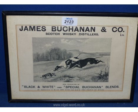 A framed James Buchanan &amp; Co Ltd Scotch Whiskey Distillers ' Black &amp; white' heads 13 1/2" x 9 3/4".