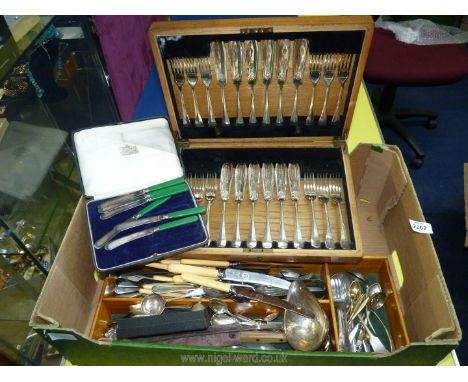 A quantity of plated cutlery including cased set of fish eaters, butter knives, large ladle, sifter spoon etc.