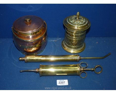 A small quantity of brass and metals including copper and brass tea caddy, Taylor Tuncliffe Tobacco jar and two vintage veter