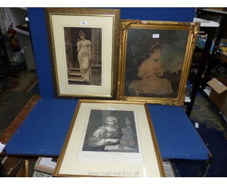 A framed and mounted print of a lady in a classical scene, framed and mounted engraving of Saint Cecilia by E.F Lignon and a 