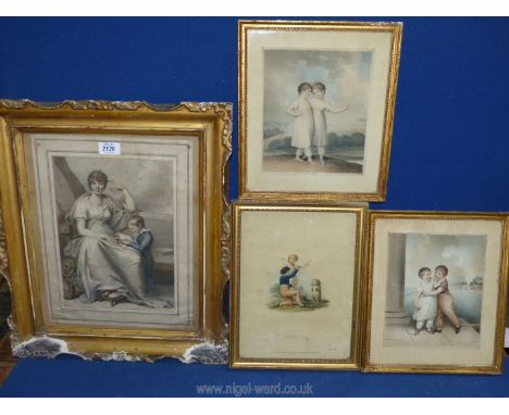 A framed etching 'Brother and Sister' by A.  Buck, ' The sisters' and ' Discipline' by R. Cooper, and 'Mother and son' by R. 