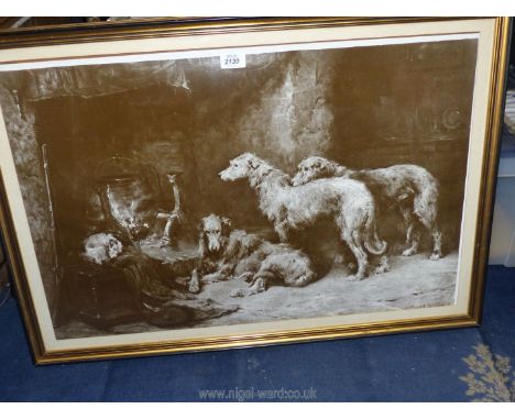 A large Philip. E. Stretton print depicting four dogs by the fire and their master's coat and hat, 33 1/4" x 23 1/4".