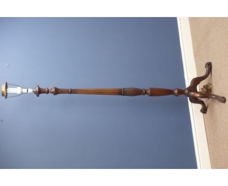Reproduction mahogany Hepplewhite style standard lamp, turned and reeded column, splayed legs with ball and claw feet, H152cm