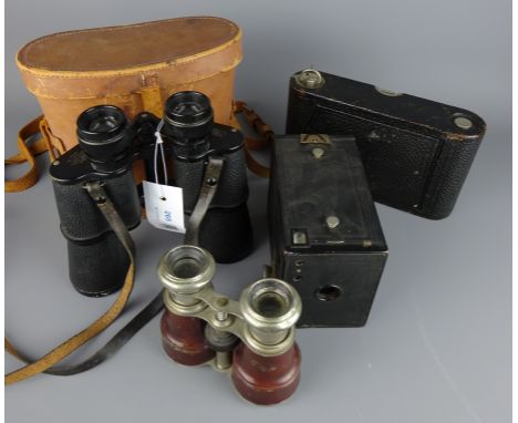 Pair of Kershaw 10.5 x 40 binoculars, pair of 19th Century opera glasses and two vintage cameras    Condition Report   Click 