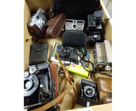 Two Ikonta Zeiss icon Vintage cameras, Fujica Zoom 8 cine cam, Ilford Sportsman camera and other vintage cameras in one box  