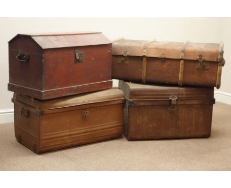 Early 20th century wooden bound travelling trunk with L.N.E.R stickers, two 20th century tin trunk and a wooden trunk with sh