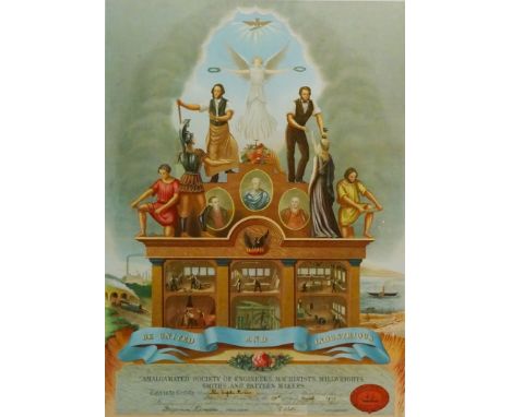 'Amalgamated Society of Engineers, Machinists, Millwrights, Smiths and Pattern Makers', colour print dated 1878 and signed by