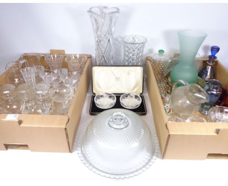 Set of six Stuart crystal sundae dishes, two 19th/ early 20th Century cut glass water jugs, French glass cake dome, Vintage g