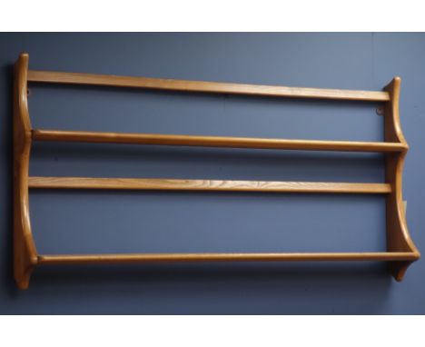 Ercol golden sawn finish elm wall hanging plate rack, W97cm   Condition Report   Click here for further images, condition, au