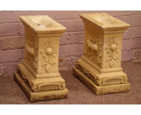 Pair composite stone garden bench supports, decorated with fruit and flowers, H41cm   Condition Report   Click here for furth