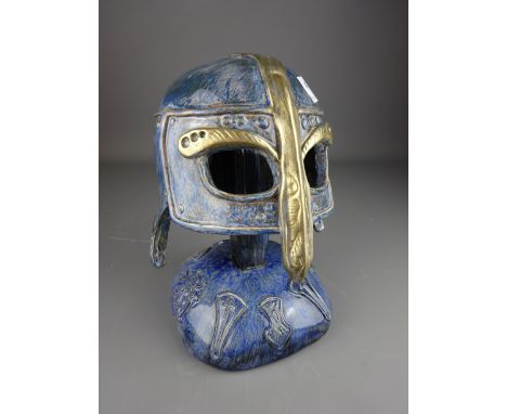 Ceramic Viking Warriors Helmet on stand with symbolic decoration, on matching stand, H24.5cm  Condition Report Click here for