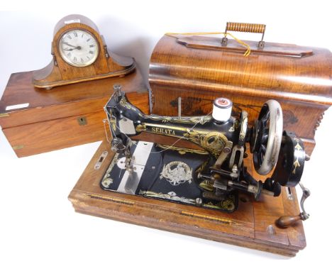 Serata sewing machine in walnut case, Victorian writing box and a early 20th Century oak cased mantle clock   Condition Repor