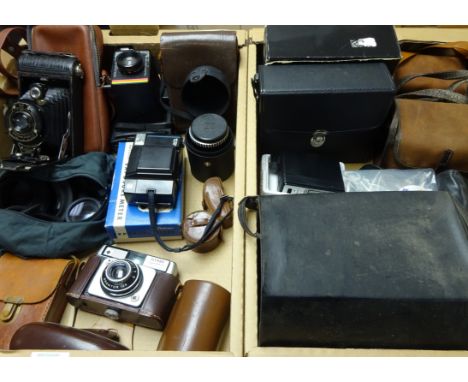 Vintage cameras, equipment and a pair of Omiya 8 x 40 binoculars in two boxes   Condition Report   Click here for further ima