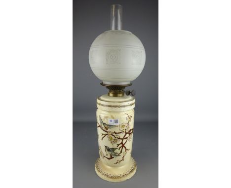 Victorian pottery Eton pattern oil lamp decorated with birds and blossom, impressed 'Moore & Co'    Condition Report   Click 