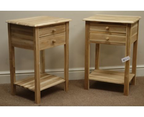 Pair teak unfinished bedside/lamp tables fitted with two drawers, W45cm, H67cm   Condition Report   Click here for further im