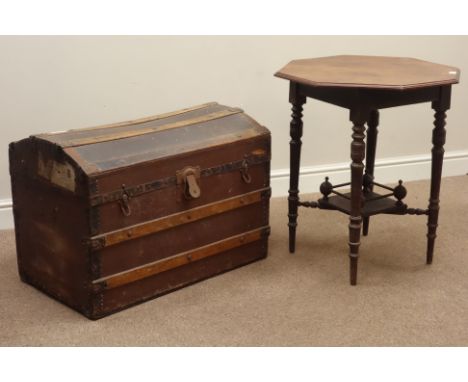 Early 20th century wooden bound travelling trunk and an Edwardian walnut octagonal centre table with undertier   Condition Re