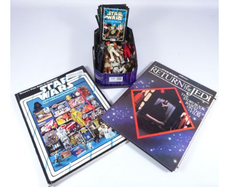 Eight Star Wars Action figures including Vadar, four Topps Star Wars Episode one unopened sticker packs & one opened, a Tomar