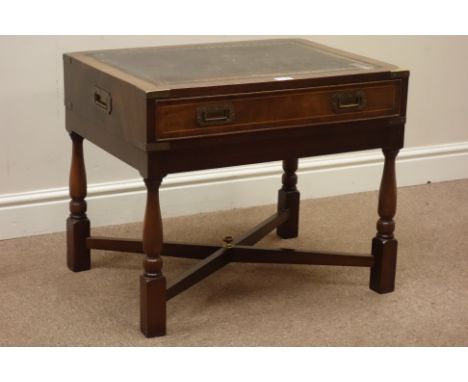 Military style mahogany lamp table, leather inset top, single drawer, W65cm, H53cm, D49cm   Condition Report   Click here for