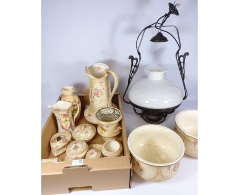 Crown Devon blush ivory dressing table set, jug and two basins other similar ceramics and a French hanging oil lamp, converte