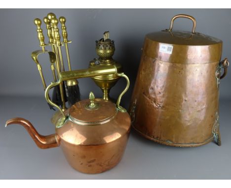 Arts and Crafts copper coal bin H41cm, Victorian copper kettle, brass fire irons and a brass oil lamp base   Condition Report