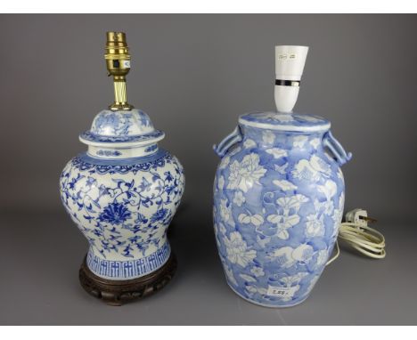 Porcelain Chinese blue and white table lamp with carved wood stand and another similar lamp, H36cm including fitting (2) (Thi