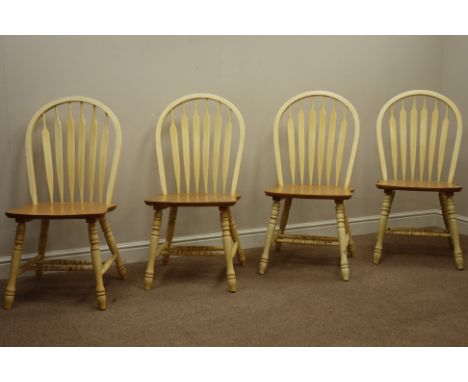 Four painted and beech hoop and stick back dining chairs   Condition Report   Click here for further images, condition, aucti