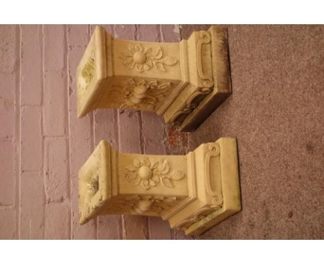 Pair composite stone garden bench supports, decorated with fruit and flowers, H41cm   Condition Report   Click here for furth