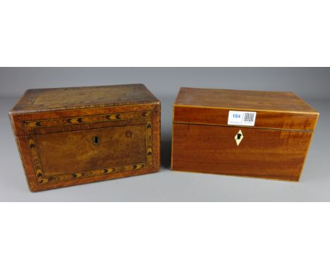 Georgian mahogany tea caddy with ivory inlay, L20.5cm and a Victorian walnut tea caddy with cross banded inlay (2)   Conditio