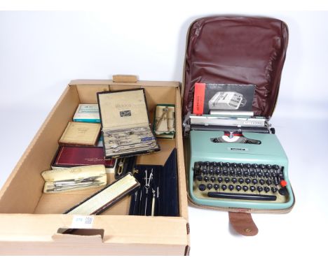 Olivetti portable typewriter and a collection of Vintage drawing and instruments in boxes   Condition Report   Click here for