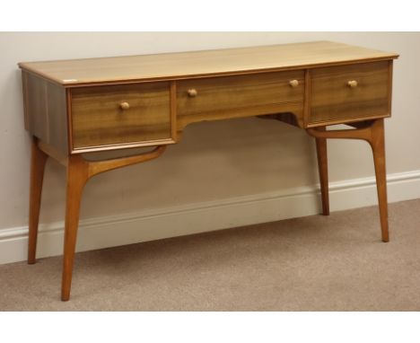 Vintage retro 'AC' teak kneehole desk, three drawers, splayed legs, W124cm, H70cm, D46cm   Condition Report   Click here for 