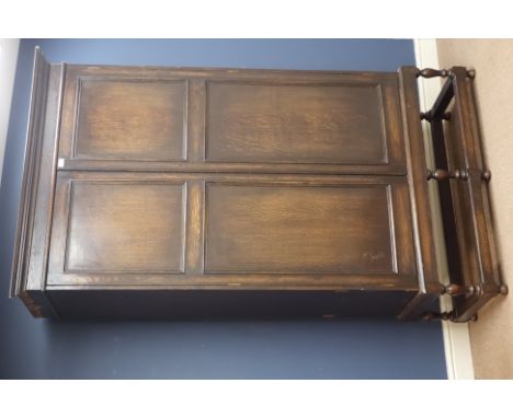 Early 20th century oak double wardrobe, two panelled doors, interior mirror and drawers, turned supports, W117cm, H203cm, D50