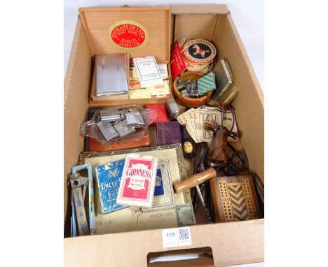 Vintage lighters, cork screws, cigar cutter, cigarette cases, playing cards and related items in one box   Condition Report  