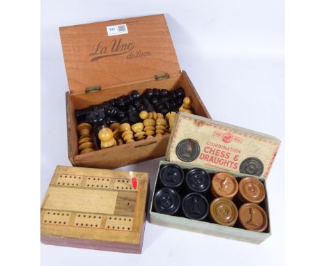 Turned wood chess set, mid 20th Century combination chess and drafts set and a Cribbage box and pieces    Condition Report   