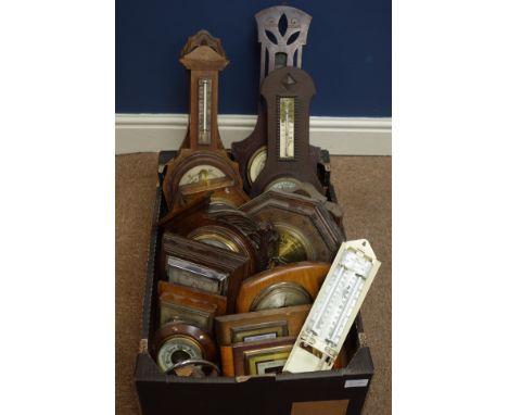 Collection of Edwardian & later oak and other aneroid barometers & a Wet & Dry thermometer (15)   Condition Report   Click he