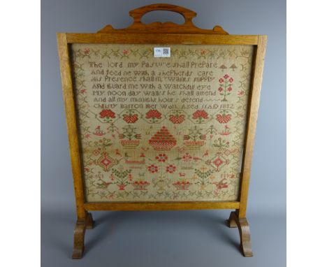 Early 19th Century sampler by Christy Barron aged 11 dated 1832 in oak fire screen,  H42cm x W44cm    Condition Report   Clic