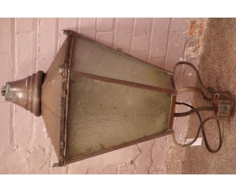 19th century copper and wrought iron lamp post lantern, mottled glass panes   Condition Report   Click here for further image