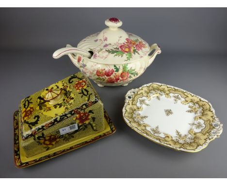 Royal Doulton 'Sherborne' tureen and ladle, Coronaware 'Cheng Chinese' pattern cheese dome and a gilded serving plate (3) Con