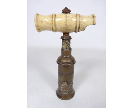 19th Century Thomason brass corkscrew with turned bone handle and applied coat of arms, L20.5cm extended